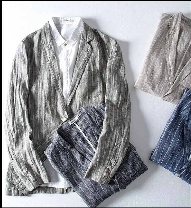 Linen мужские льняные костюмы в полоску, повседневные, чистые, маленькие, мужские, красивые, тонкие, солнцезащитные, блейзеры, куртки, тонкие, западные, весенние