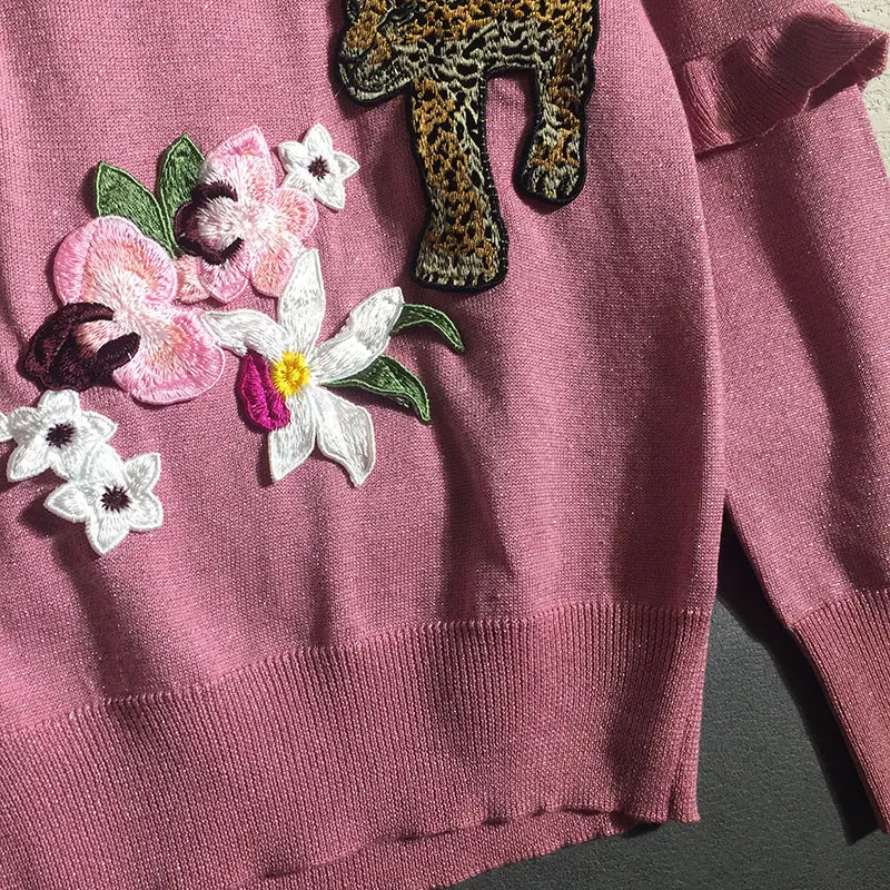 Женский свитер из 50% шерсти с длинными рукавами и бабочками, розовый вязаный свитер с вышитыми цветами и леопардовым принтом, Женский Повседневный свитер