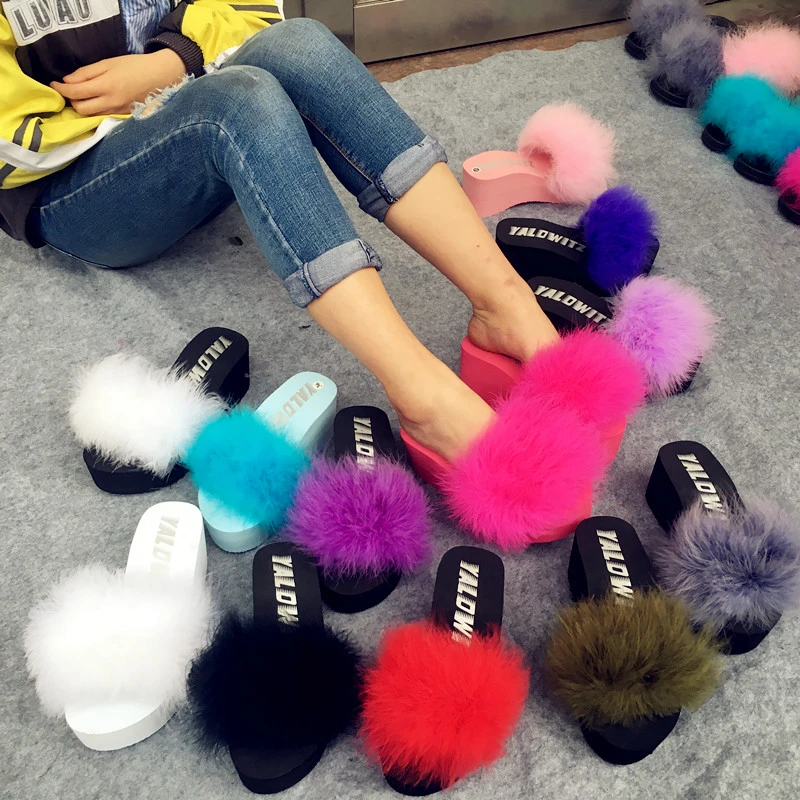 Chanclas suaves de para mujer, sandalias de playa de fondo grueso con plumas de avestruz, chanclas de pelo para el hogar|women home slippers|home slipperswoman - AliExpress