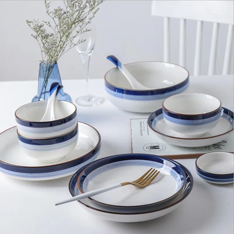 Синий градиент обеденная тарелка керамическая кухонная тарелка посуда набор блюд рисовый салат лапша миска суп кухонный инструмент повара 1 шт