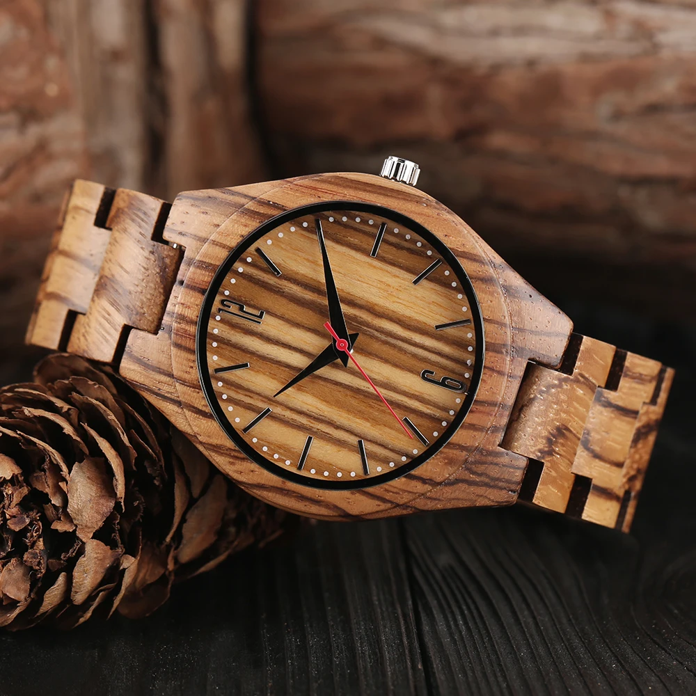 Full Wooden Zebra Pattern Wrist Watch Simple Handmade From Bamboo Wood Fold Clasp Bangle Quartz Watches Casual Mens Watch  1 (6)