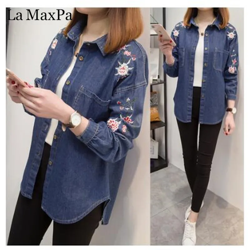 La MaxPa 2018 женские осенние новый цветок вышитые джинсовая куртка Женские джинсовые пальто с вышивкой Свободная верхняя одежда синий большой