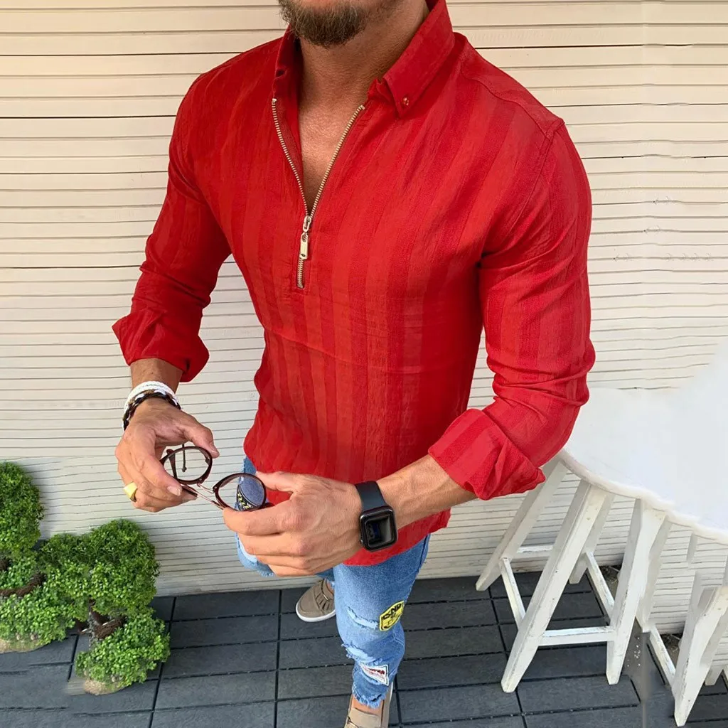 camisa masculina Summer men's Shirt casual striped stand collar Long sleeve Zipper shirt Top hawaiian shirt chemise Yellow Black