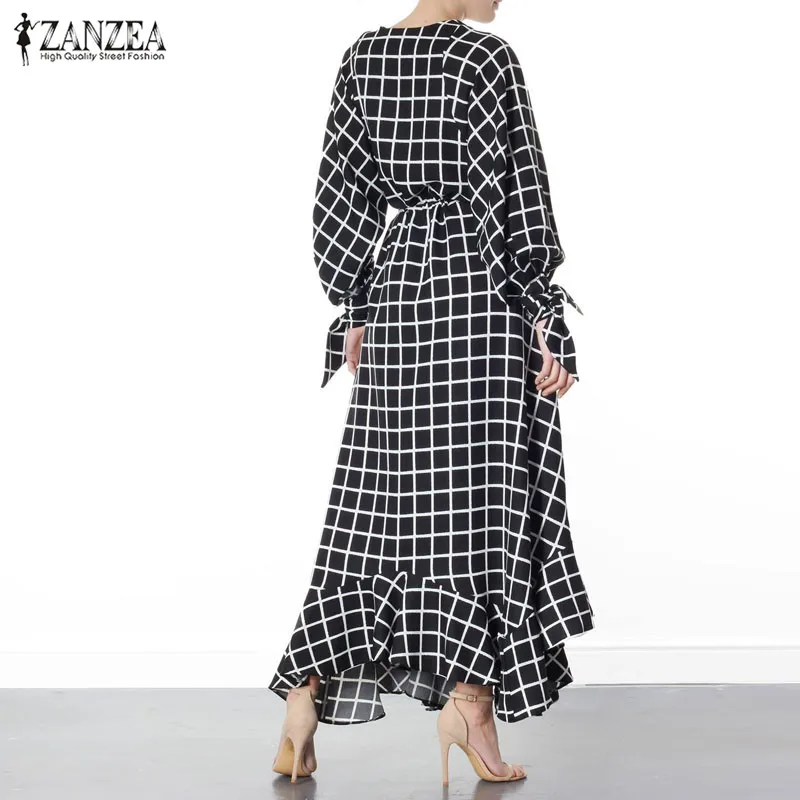 ZANZEA, модное женское осеннее платье с длинным рукавом и оборками, винтажное клетчатое длинное платье, вечерние платья макси с оборками