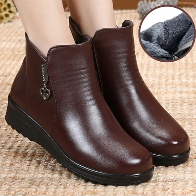 

Women Ankle Boots Genuine Split Leather Black Round Toe Wedges Heel Plush Female Mother Platform Ladies Shoes Botas Mujer 6603W