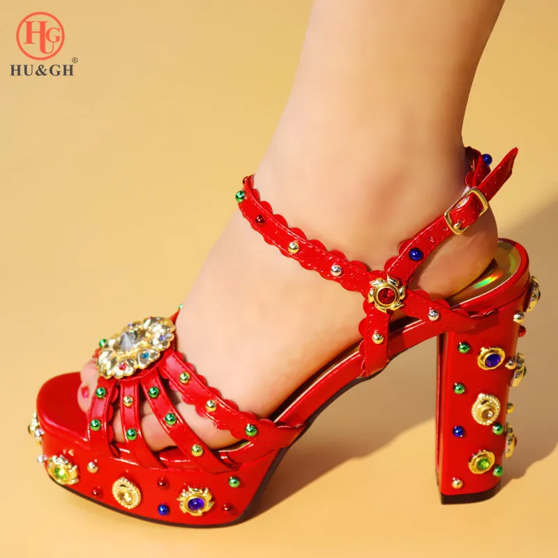 Летние женские туфли Красного цвета на высоком каблуке в африканском стиле; женские туфли с кристаллами; высококачественные босоножки в африканском стиле; туфли-лодочки для свадьбы в африканском стиле