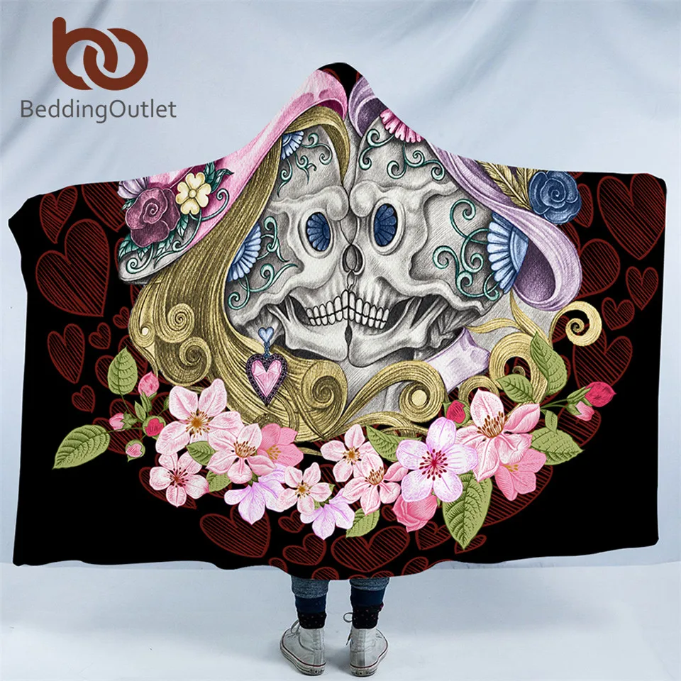 

BeddingOutlet Skull Couples Hooded Blanket Gothic Sherpa Fleece Wearable Throw Blanket Adult Pink Flowers Red Hearts Bedding