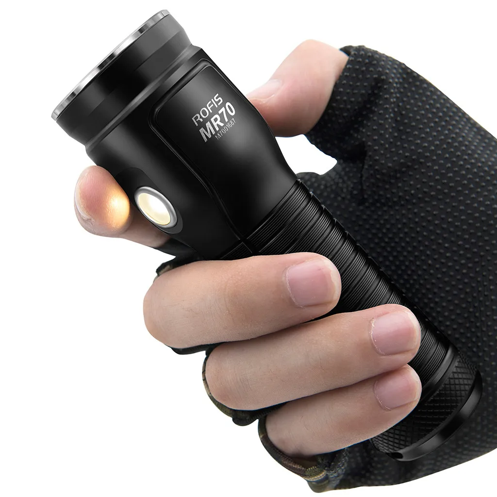 

ROFIS MR70 Powerful Tactical LED Flashlight 3500Lumen XHP70.2 CW LED Dual lights Flashlight Switch Power 26650 Battery A4