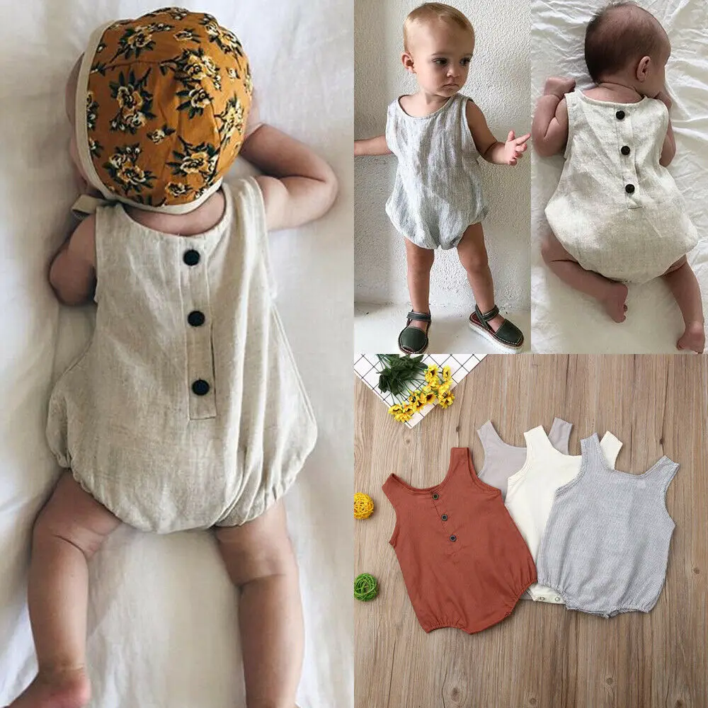 

0-18M New Summer Newborn Baby Girl Boy Clothes Cotton linen Romper Sunsuits Solid Color Unisex Baby Clothes Button Rompers