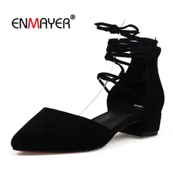 Enmayer/Классические замшевые женские модные туфли-лодочки с острым носком, zapatos mujer Tacon, повседневная женская обувь на шнуровке, размеры 34-39, LY454