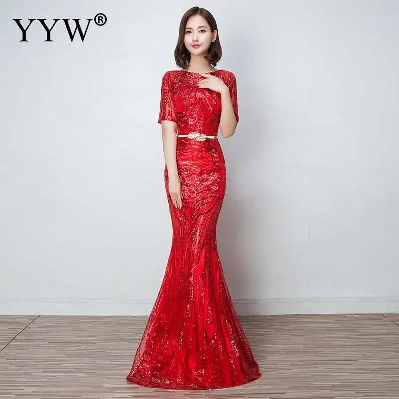 Gold Sequins Luxury Evening Dress Women Slim Elegant Mermaid Long Party Gowns Floral O Neck Sexy Special Occasion Wear For Women