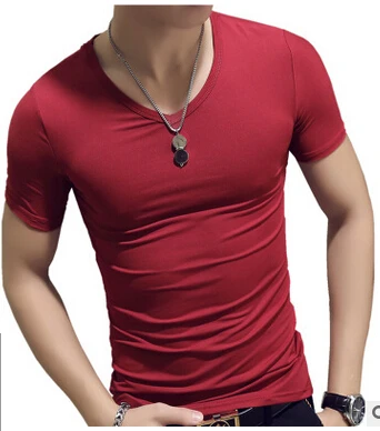 

ECTTC 2019 Brand New Men's T Shirt Solid Color V Collar Short Sleeved T-shirt For Man White Tights Tshirts Fit Body Top Tees