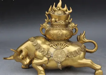 

zhmui88002841493++10" Chinese Fengshui Bronze Wealth Yuanbao Cattle Oxen Bull Treasure Bowl Statue
