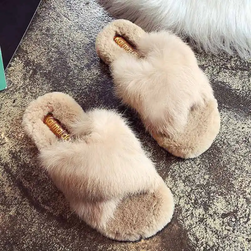 Women Fur Slides Winter Fluffy Furry Slippers Warm House Shoes Slippers Mules Lady Flat Shoes Home Indoor Shoes Zapatos De Mujer