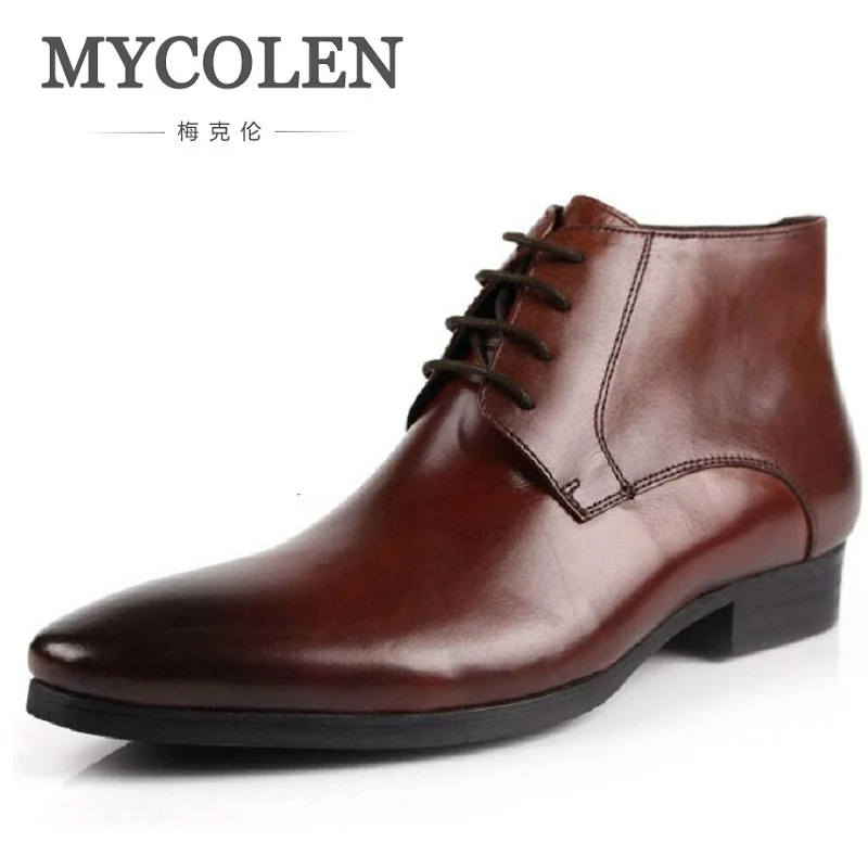 

MYCOLEN Handmade Pointed Toe Genuine Leather Men Boots Fashion Botas Hombre High Top Winter Shoes Men Ankle Motorcycle Boots