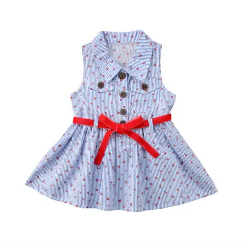 

Cute Baby Girl Kids Floral Stripes Princess Dress Summer Sleeveless Turn down Collar Pageant Party Tutu Dresses Sundress Belt