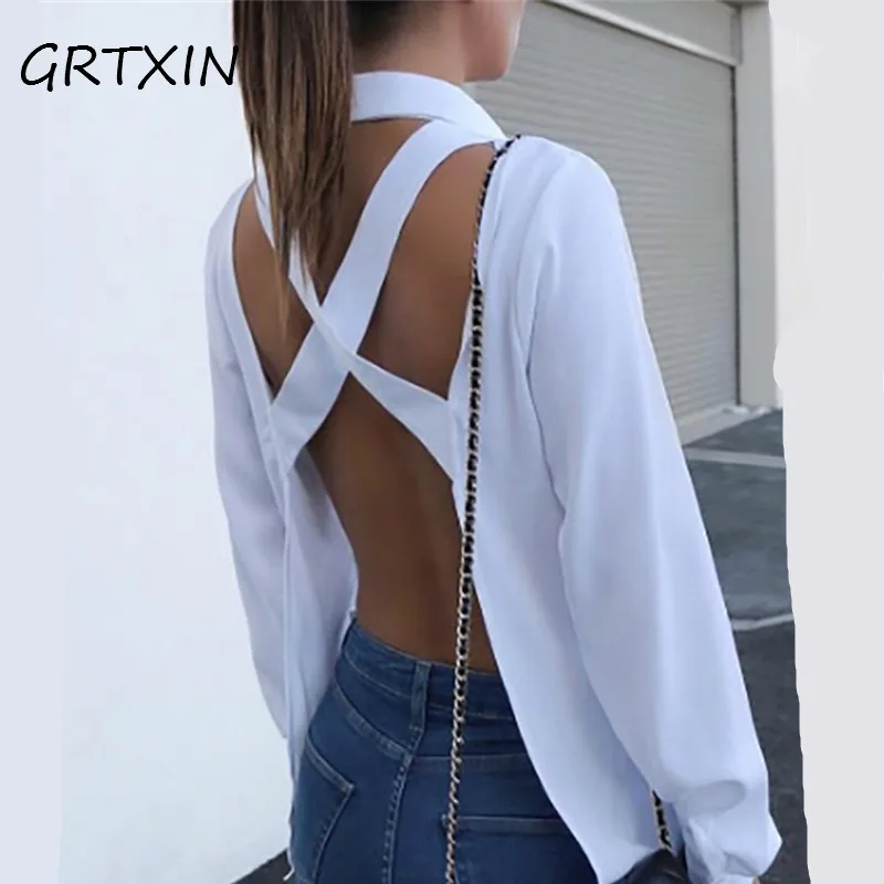 

Women Crisscross Open Back Blouse Shirts Tops Sexy Backless Long Sleeve Turn-down Collar Autumn Shirt White Grey Solid Shirts
