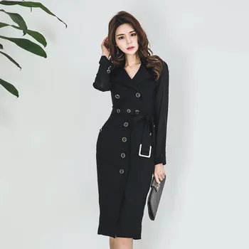 

Sexy Slim Dress 2018 Autumn New OL Long-sleeved Elegant Dress Notched Collar High Waist Blazer Dress Knee Length Bodycon Dress