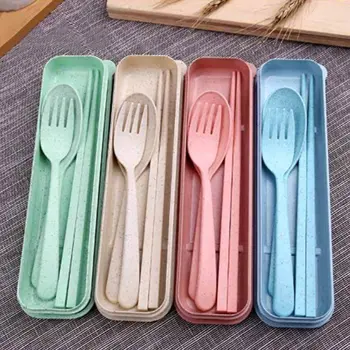 

1 Set Portable Chop sticks Teaspoon Forks Dinnerware Tableware Set With a Box Wheat Straw Students Camping Picnic Travel