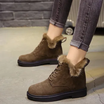 

Vogue Women Boots Faux Fur Ankle Boots For Women Lace Up Winter Female Shoes Casual Low Heel Snow Boots Bota Feminina