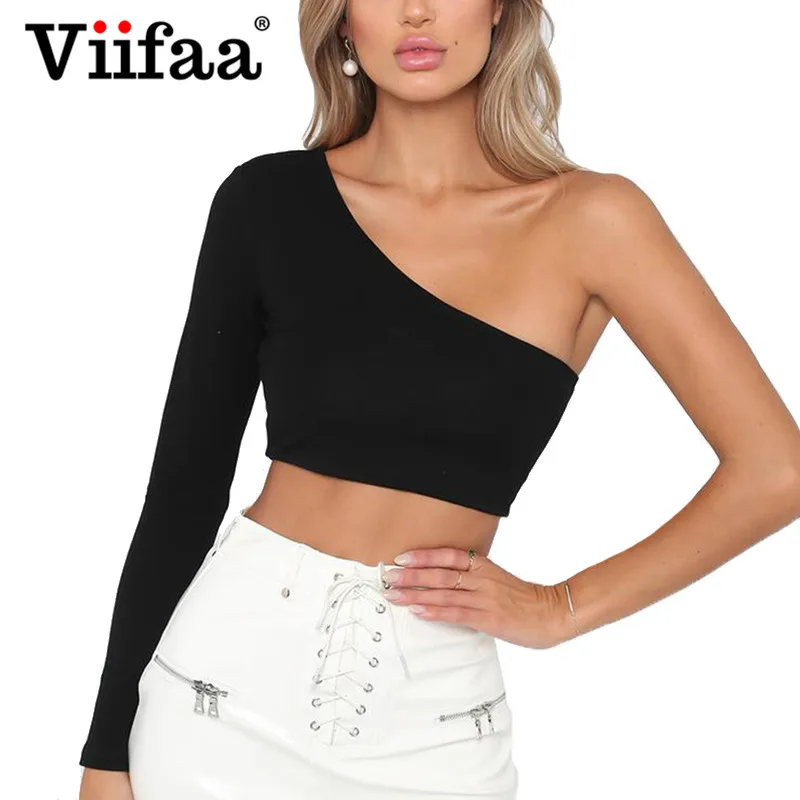 

Viifaa One Shoulder Sexy Crop Top Women Black Tank Top Cropped 2018 Short T Shirt Streetwear Tops