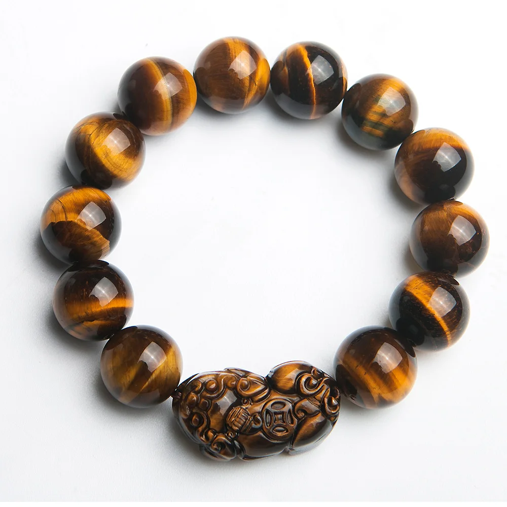 16mm Natural Yellow Tiger Eye Gems Round Beads Bracelet Pi Xiu Careved Pendant best Gift Women Men Crystal Drop Shipping AAAAA