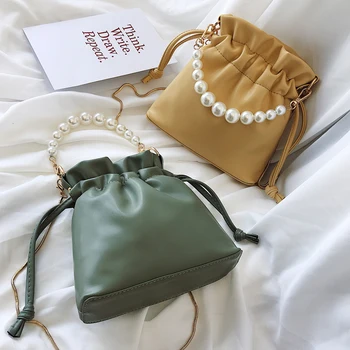 

2019 Designer Pearl Handbag Soft Leather Bucket Bag Casual Tote Women Messenger Bags Ladies Chain Shoulder Bag Small Purse