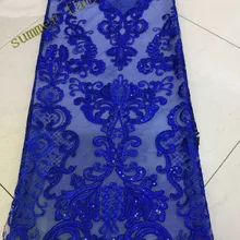 Вышитая кружевная ткань Королевский синий французская кружевная ткань из Гуанчжоу африканская Мягкая Блестящая Тюлевая Сетка кружевная Ткань 5 ярдов в партии