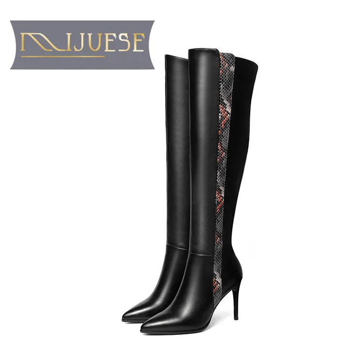 

MLJUESE 2018 women over the knee high boots cow leather snake strip winter warm short plush thin heel high heels high boots