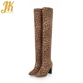 

JK Leopard Print Stretch High Heels Women Boots Pointed Toe Footwear Over The Knee Female Fur Boot Sexy Shoes Women 2020 Winter