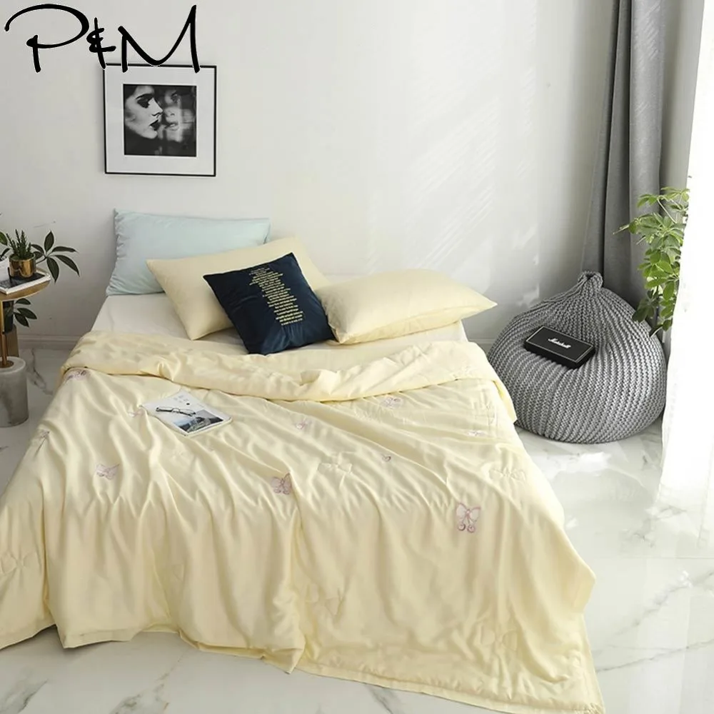 

2019 Yellow Bowknot Butterfly Air-condition Embroidery Comforter Thin Summer Quilt Artificial Silk Fabric Polyester Queen Size