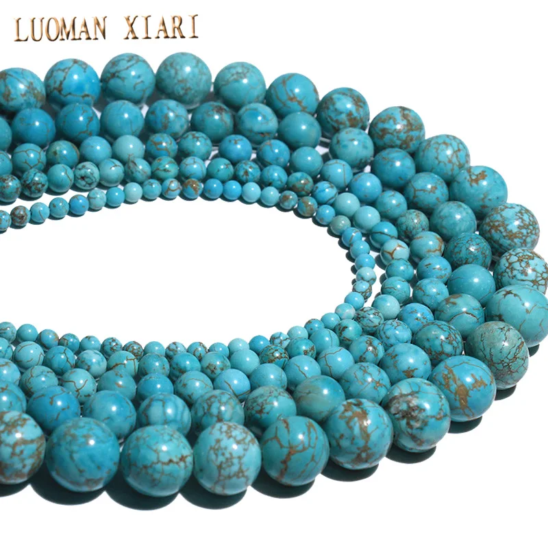 Натуральный голубой бирюзовый камень, бусины, круглые бусины для самостоятельного изготовления ювелирных изделий, браслет, ожерелье 4-12 мм, нить 15,5''
