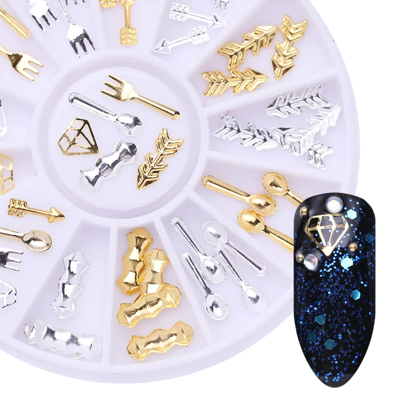 

1 Pc Gold Silver Spoon Fork Arrow Metal Rivet Nail Studs DIY 3D Nail Art Decoration In Wheel