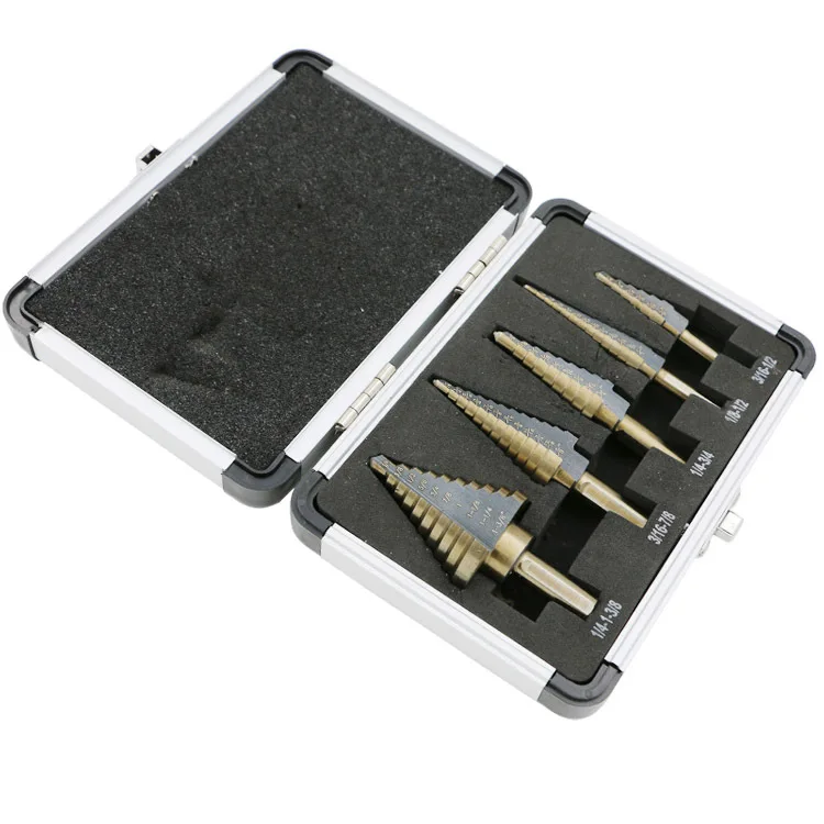 HSS Step Drill Bit Cobalt Alloy Titanium Coat Bits Triangular Round Shank Metal Multiple Inch Drilling Set Hole Cutter 5in1 Case HSS Step Drill Bit Cobalt Alloy Titanium Coat Bits Triangular Round Shank Metal Multiple Inch Drilling Set Hole Cutter 5in1 Case