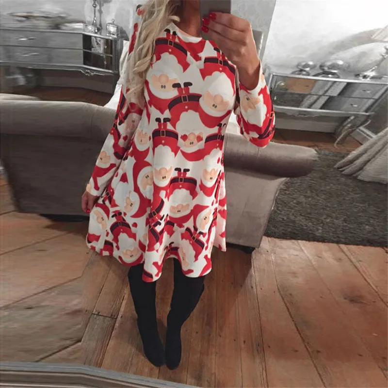 4XL 5XL Large Size Dress Casual Printed Cartoon Christmas Dress Autumn Winter Long Sleeve A-line Dress Plus Size Women Clothing