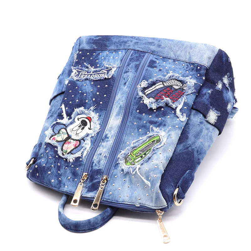 iPinee fashion women handmade denim backpack casual large size school bags for girls laptop bags