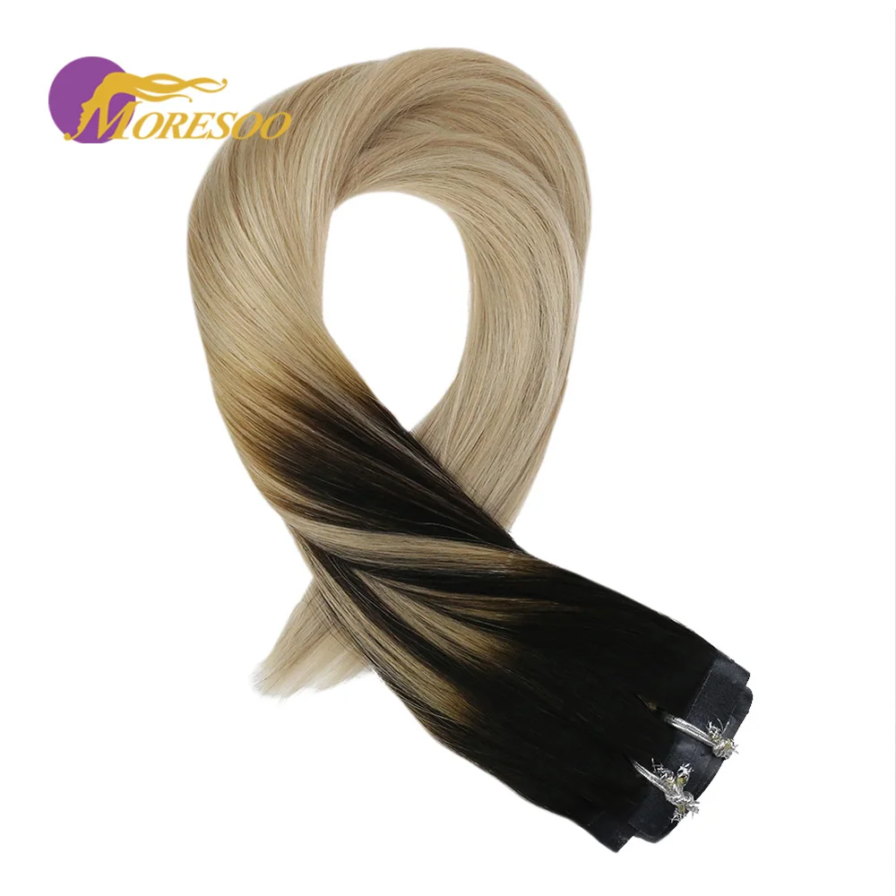

Moresoo Seamless PU Clip Hair Pieces for Women Balayage Color #1B with #18 Mix with Blonde #60 Remy Human Hair 7 Pieces 100g