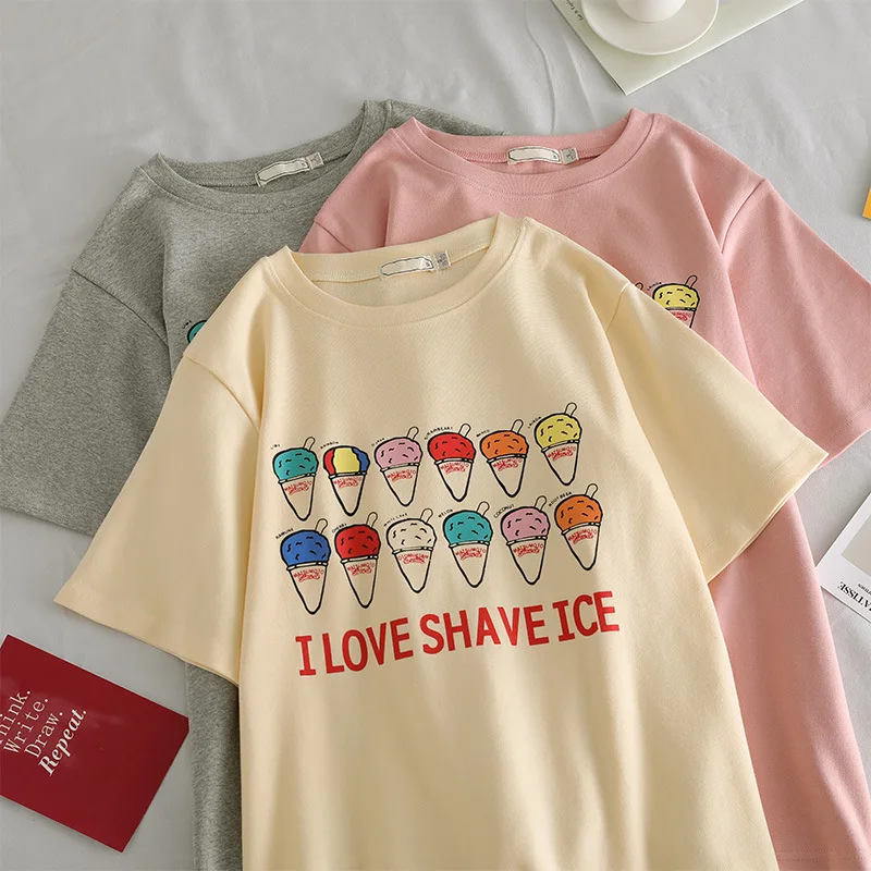 

2019 Summer Women's T-Shirt Korean Fashion Loose Casual Cute Ice Cream Print Women Short Sleeeve Tops O-Neck Tees 80s 90s New
