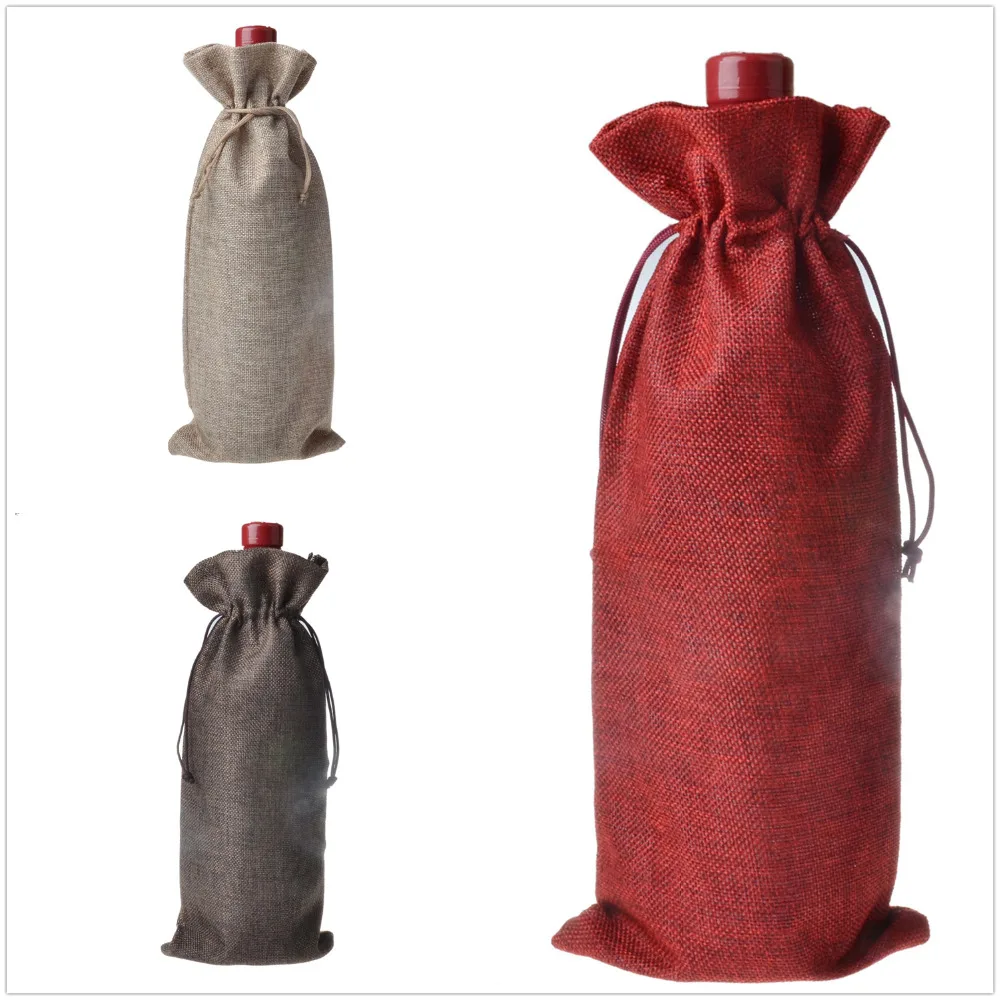 Jute Wine Bottle Covers Champagne Bottle Bags Linen Drawstring