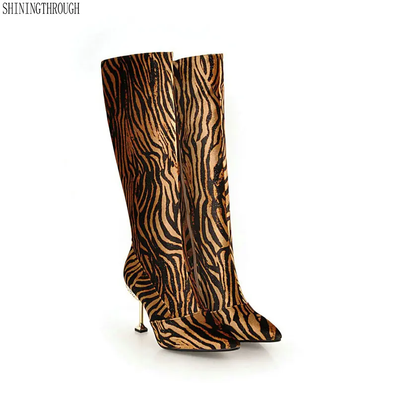 

New women high heels knee high boots sexy leopard ladies boots spring autumn party dress shoes woman large size 42 43