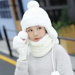Kangemo зимняя теплая женская шапка шарф перчатки толстый кроличий мех женская шапка вязаный меховой шарф Зимний Открытый теплые перчатки