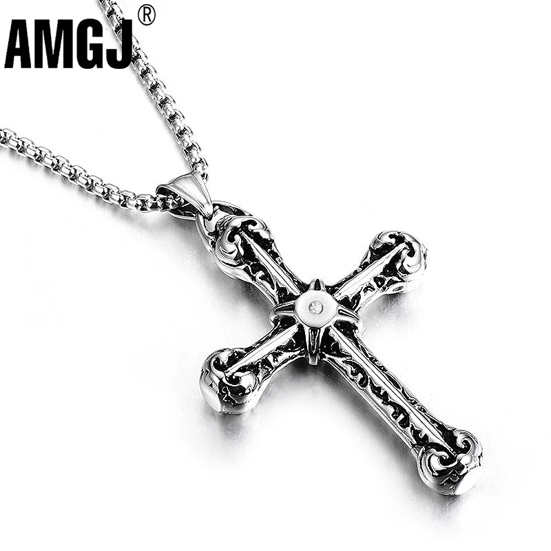 

AMGJ Men's Cross Pendant Necklace Hip Hop Roack Stainless Steel Zirconia Cross Necklace Pendant Jewelry