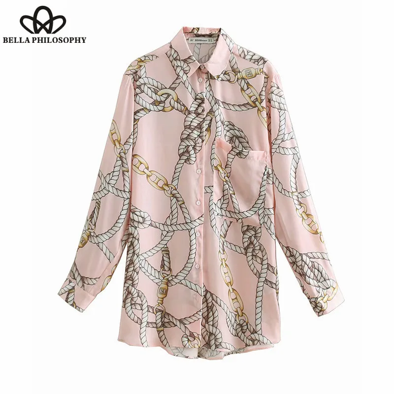 Wonder Spring Long Sleeve Blouse Shirts Vintage Chain Print Female Blouse Casual Street Wear Lady Turn-Down Collar Tops 2019