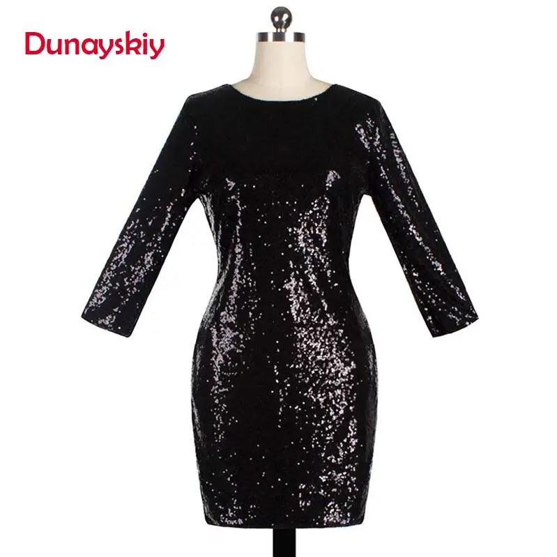 Dunayskiy Women Spring Sexy Slim 8 Colors Sequined O-Neck Dresses Female Backless Three Quarter Sleeve Shiny Mini Party Dresses - Цвет: Black-1