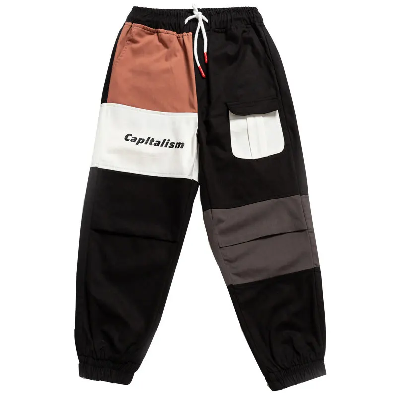 

outdoor 2019 Spring autumn patchwork hip hop elastic waist teenagers cotton cargo pants men loose hiking climbing trousers