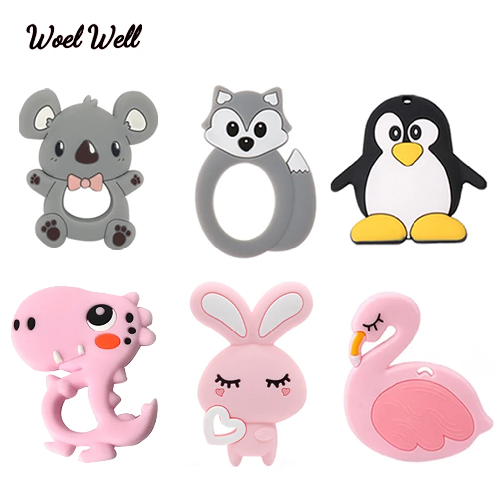 

Woel Well 1pc Baby Teething Toys Cartoon Bear rabbit dinosaur Silicone Teether Pendant Necklace Accessories Infant Chew Toys