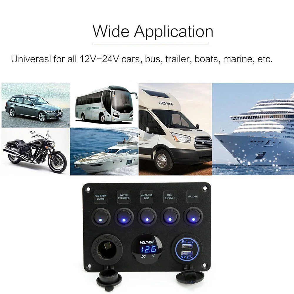 5 Gang 12V 24V Inline Fuse Box LED car Rocker Switch Panel 2 USB Charger Socket Interior accessories for Car Boat Marine