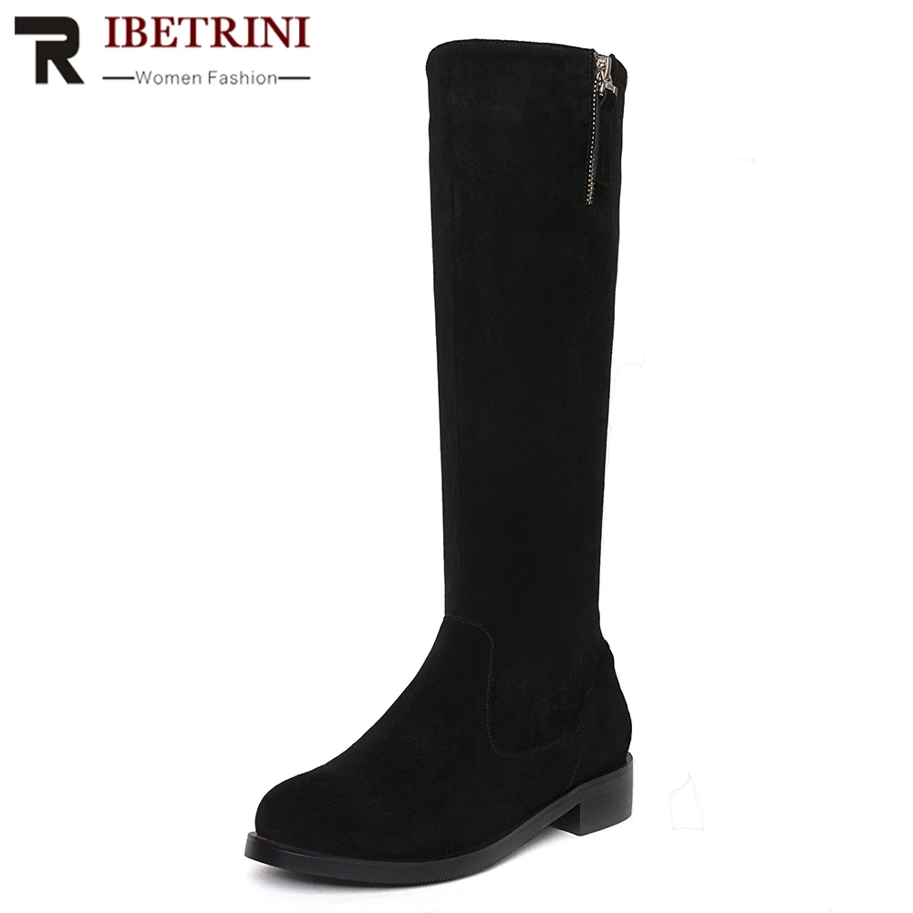 

RIBETRINI Fashion Comfortable Genuine Leather 34-43 Casual Mid Calf Zip Ladies Boots Fur Addable