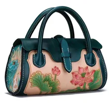 Женская однотонная сумка в китайском стиле из натуральной кожи с гравировкой в виде цветка лотоса, женская сумка с верхней ручкой, женская сумка с зеленым цветком