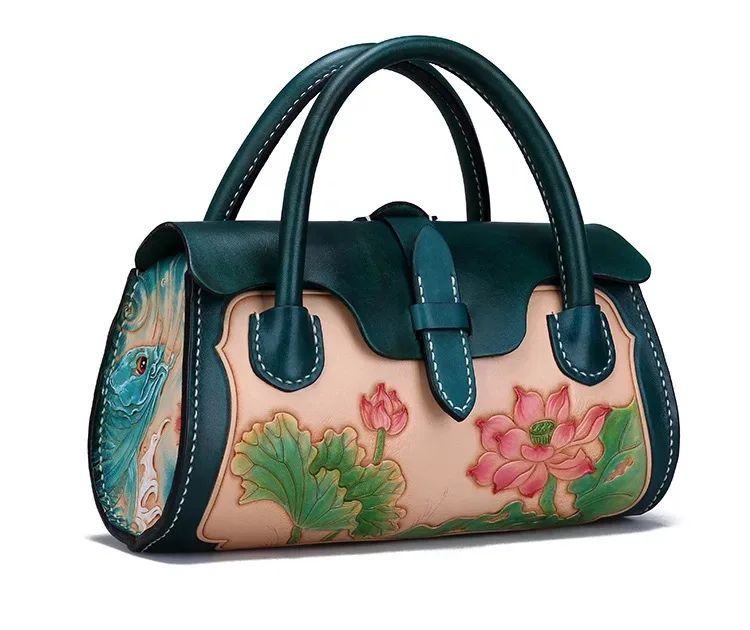 Us 160 79 33 Off Chinese Style Genuine Leather Engraved Lotus Fl Women S Solid Handbag Las Top Handle Pillow Bag Female Green Flower Purse In
